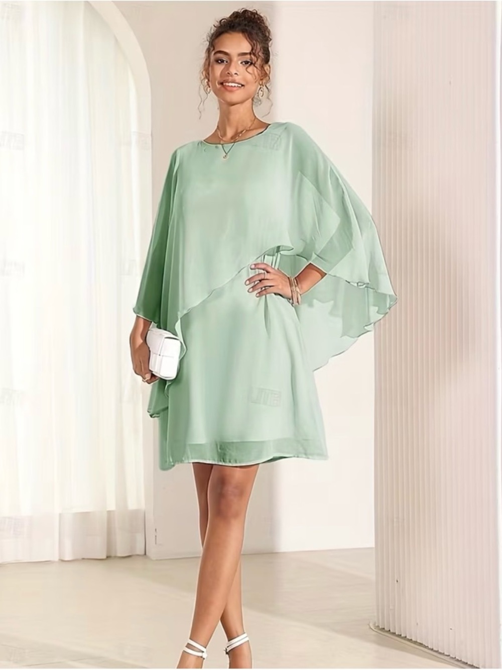 Elegant Mint Green Chiffon Cape Sleeve Dress - Womens Small